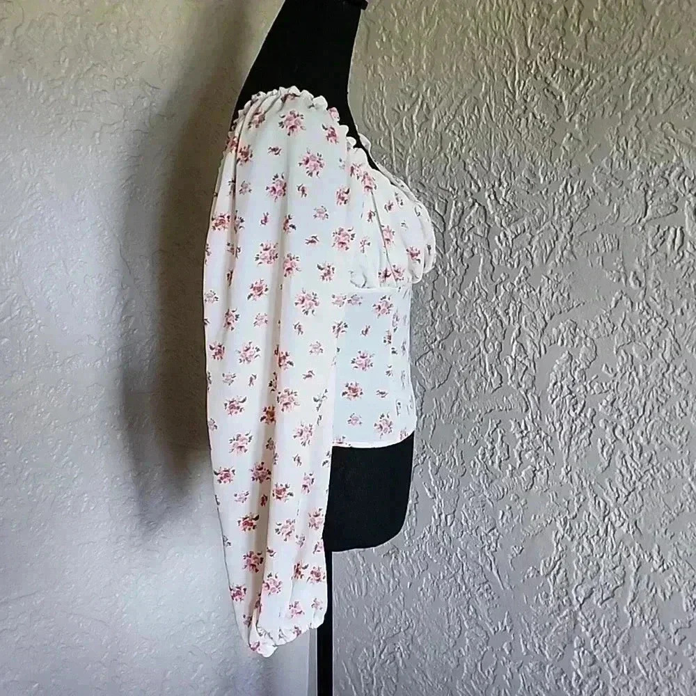 AROUND White pink floral blouse sweetheart neck - Picture 5 of 9